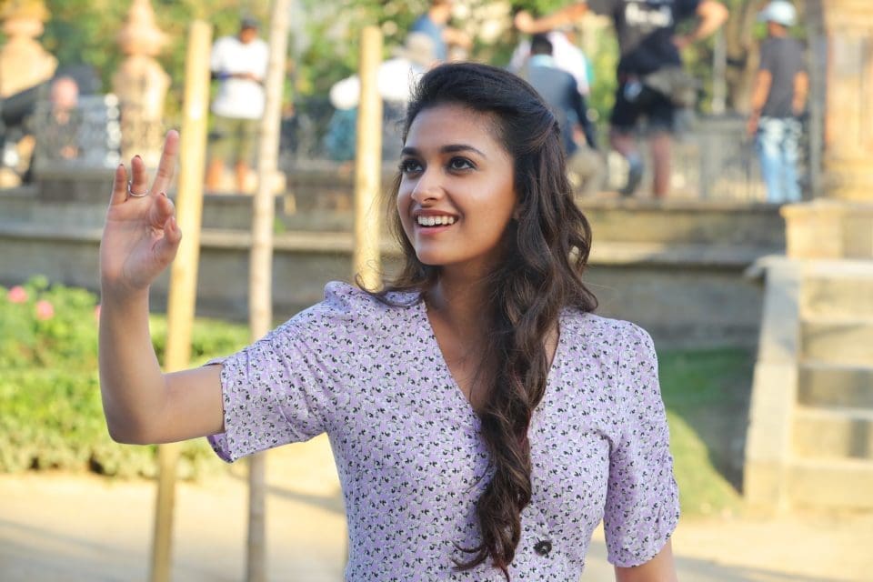 Actress Keerthi Suresh poses for a photo on a T-shirt