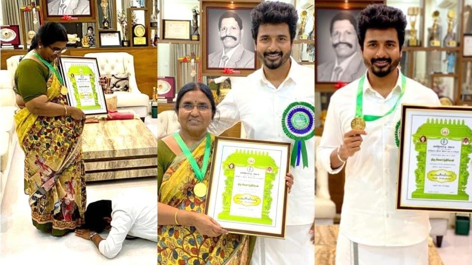 Sivakarthikeyan presents Kalaimamani Award to mother